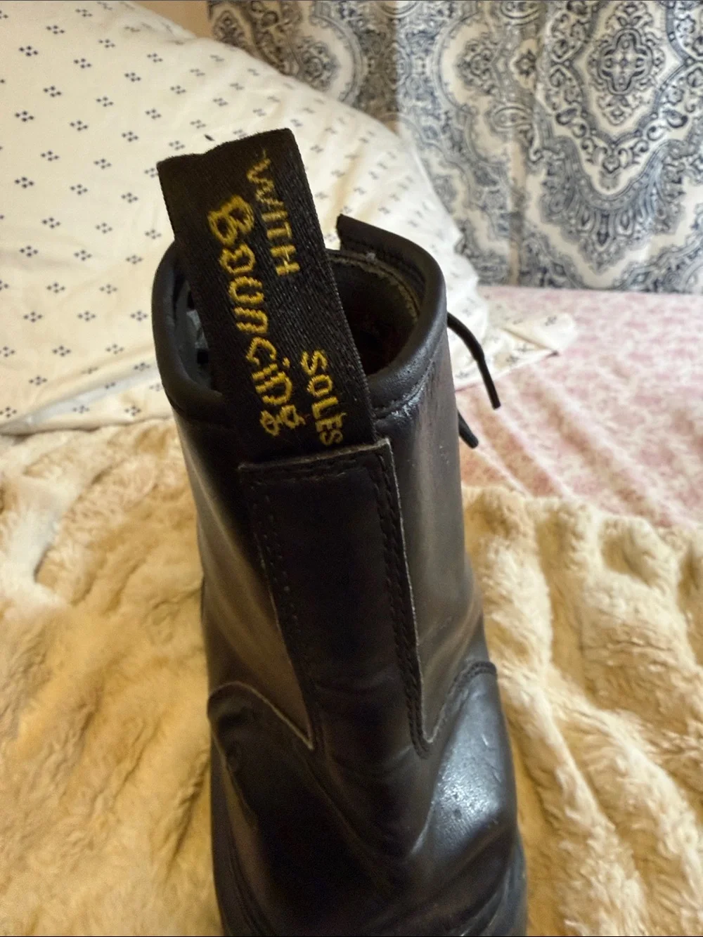Dr. Martens Awley Black Leather Lace-Up Combat Boots with Yellow Stitch Nwot